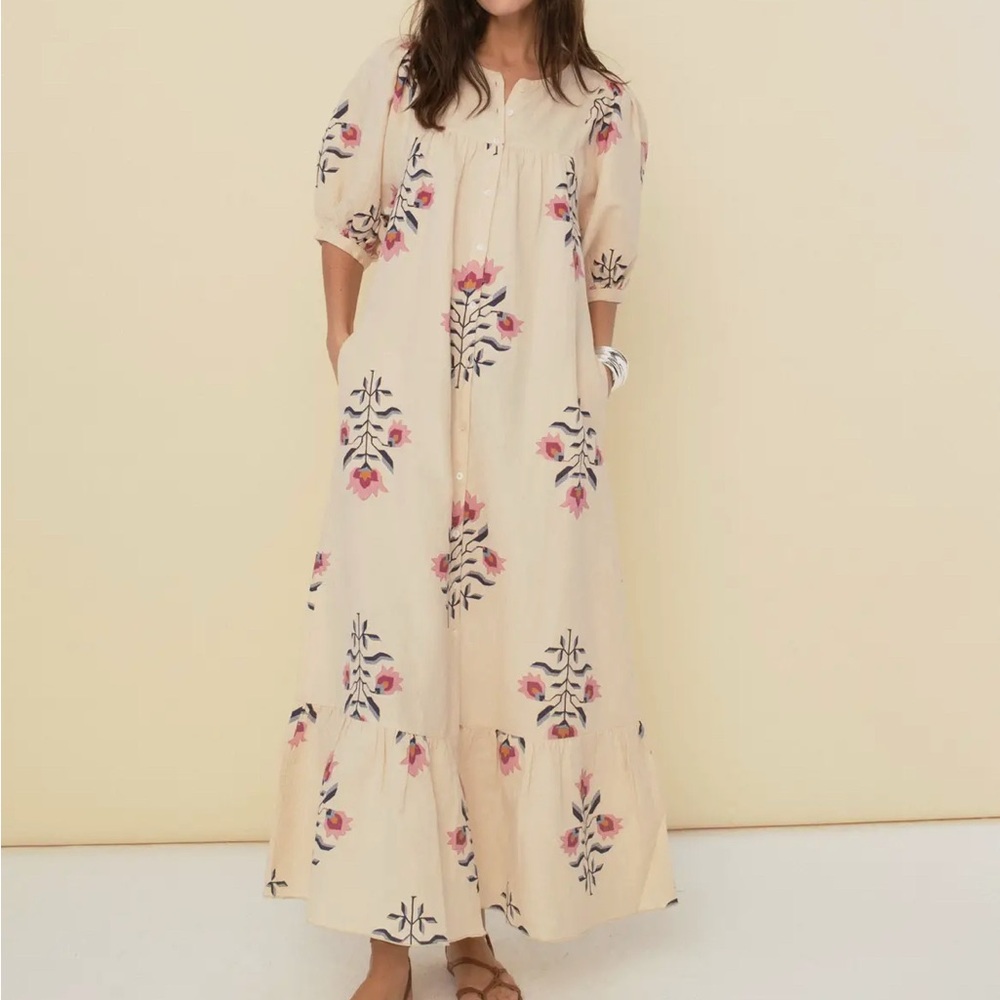 Bohemian Floral Cream Maxi Dress with Pink AccentsPTP 26inches length 42.5